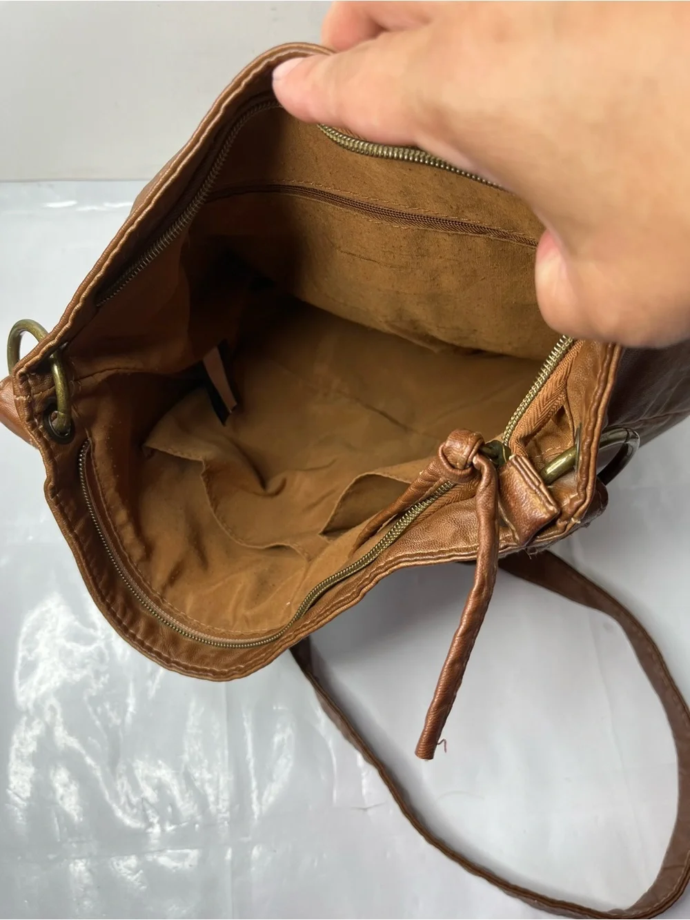 Stone & Co. Tan Leather Messenger Bag with Brass Accents